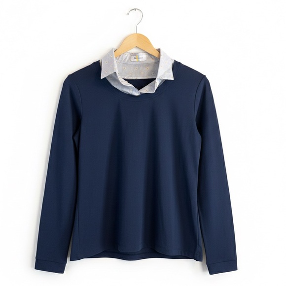 CALLIDAE Equestrian Tech Show Practice Shirt Navy Blue Patterned Collar L